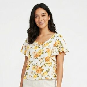 FOREVER 21 Floral Ruffled Butterfly Sleeve Cropped Top Blouse M